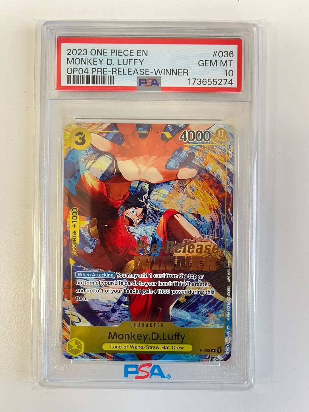Monkey.D.Luffy Pre-Release Winner Promo P-036 ENG PSA 10